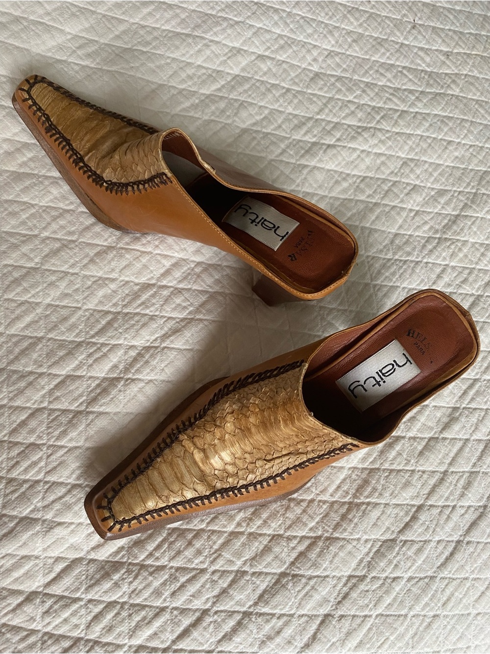 Vintage Western Tan Leather Block Heel Mules Cowgirl Desert Rodeo Exotic Size 35 - Picture 4 of 15